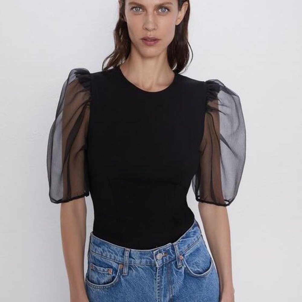 Zara Organza Sleeve Black Top. Size XS
